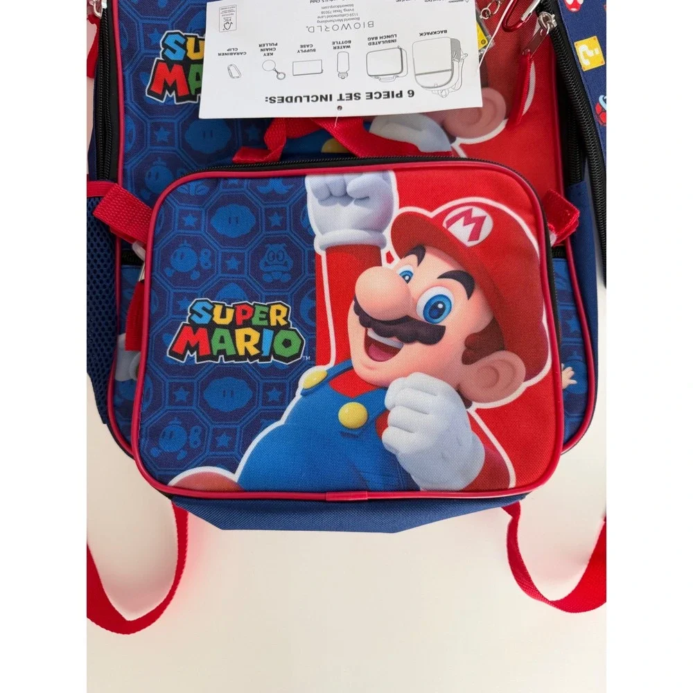 Bioworld Super Mario Kids 6 Piece Backpack Set Lunch Bag Water Bottle Red Blue